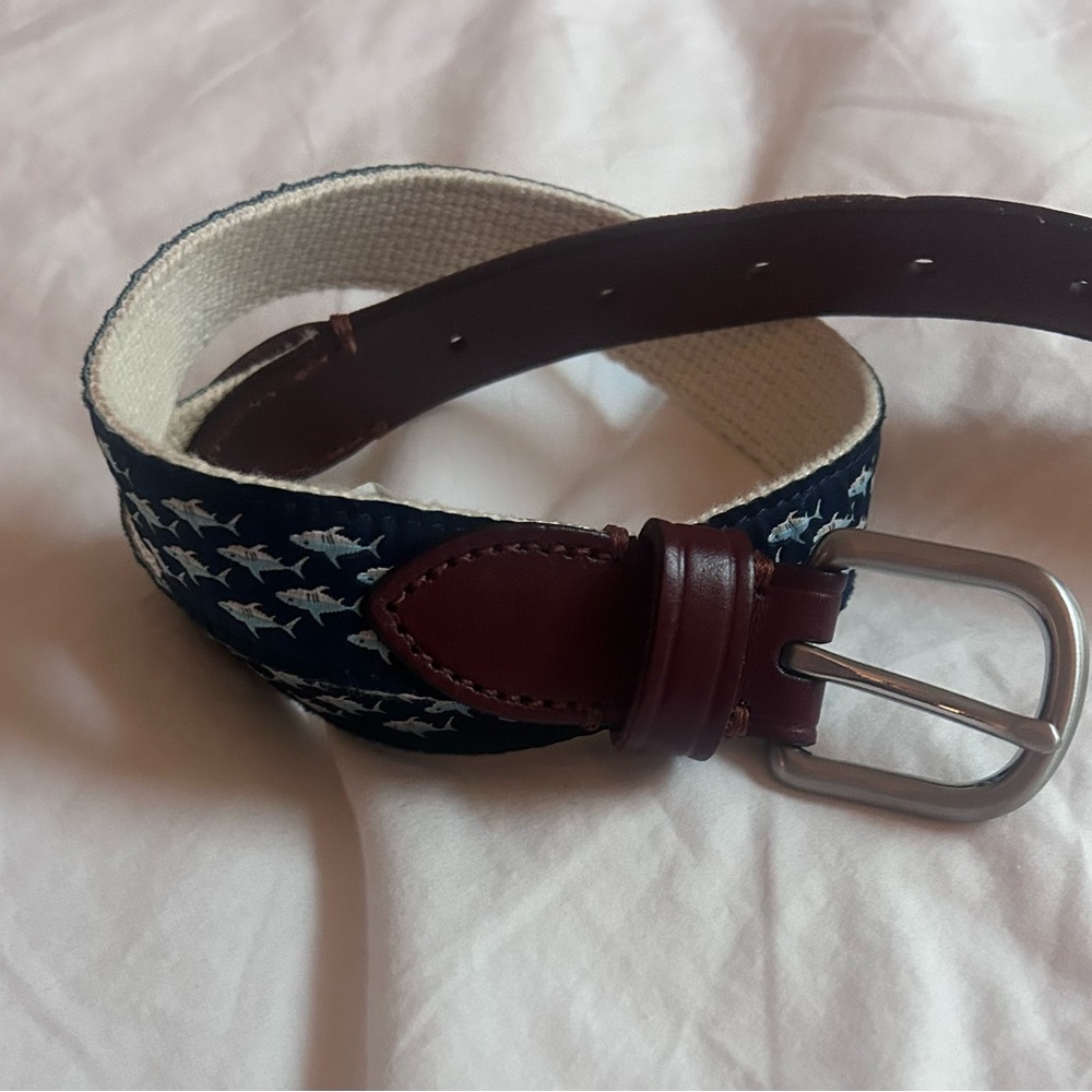 J. Crew Factory Navy Fish-Print Canvas Belt with Brown Leather Trim